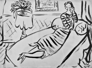 A painting of a woman in a striped dress