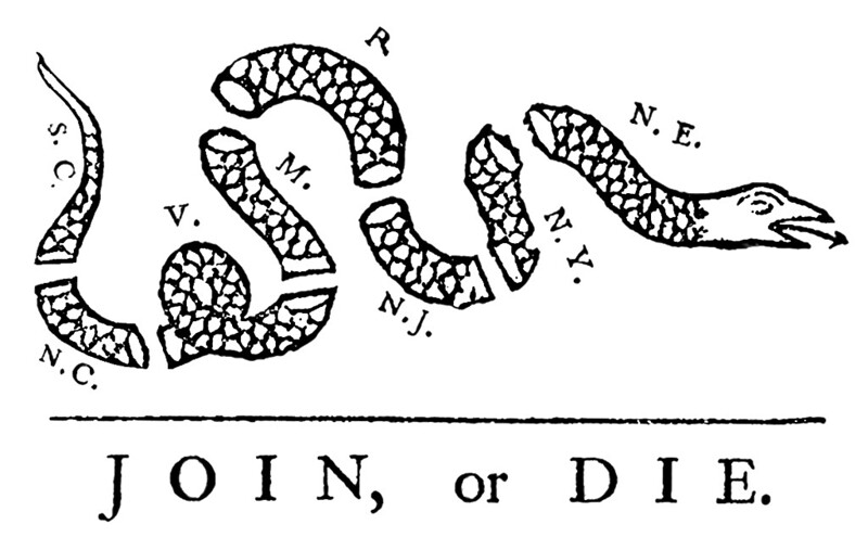 A snake chopped into eight pieces, which are labelled with states' abbreviations, is captioned with the phrase "Join or die."