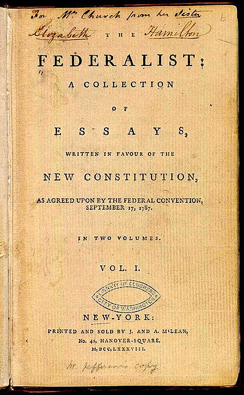 Title page of the Federalist papers volume 1.