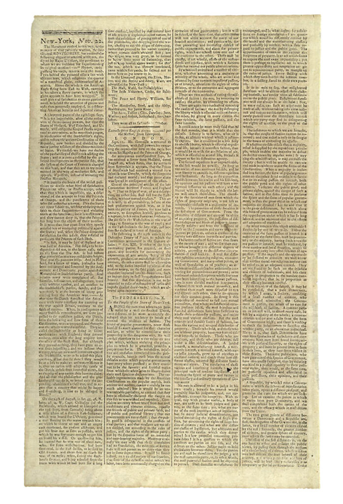Federalist #10 as printed in New York Packet Friday, November 23, 1787.