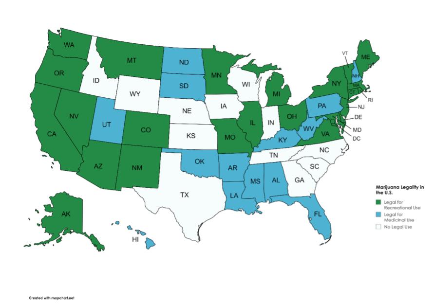 United States map showing legality of marijuana use by state. As of August 2024, in 24 states and Washington DC it is legal to use marijuana recreationally and medicinally. In 14 states it is legal for medicinal use. In 12 states it not legal for any use.