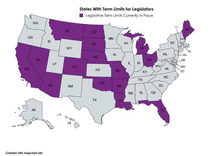 United States map showing which states have legislative term limites in place as of January 2025. The states with term limits are CA, NV, AZ, CO, MT, ND, SD, NE, OK, MO, AR, LA, MI, OH, FL, ME.
