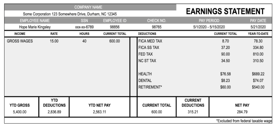 Generic paystub including company name, employee details, income and deductions.