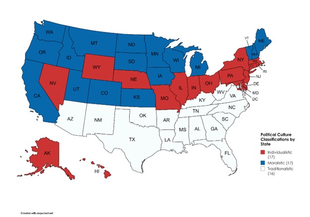 United States map where states are categorized by color as Individualistic (17 states), Moralistic (17 states), or Traiditonalistic (16 states).