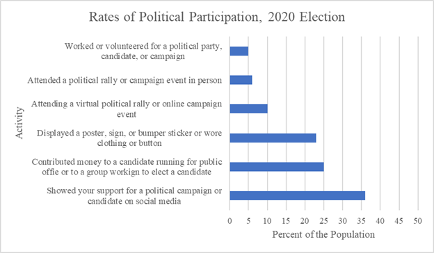 Bar graph comparing the percent of population engaged in different political participation activities. Rates range from 5% (worked or volunteered for a political party, candidate or campaign) to just above 35% (showed your support for a political campaign or candidate on social media).