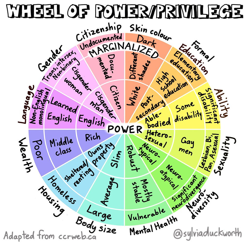 Graphic that identifies the different aspects of power and privilege as well as aspects of identity that are used to marginalize certain groups