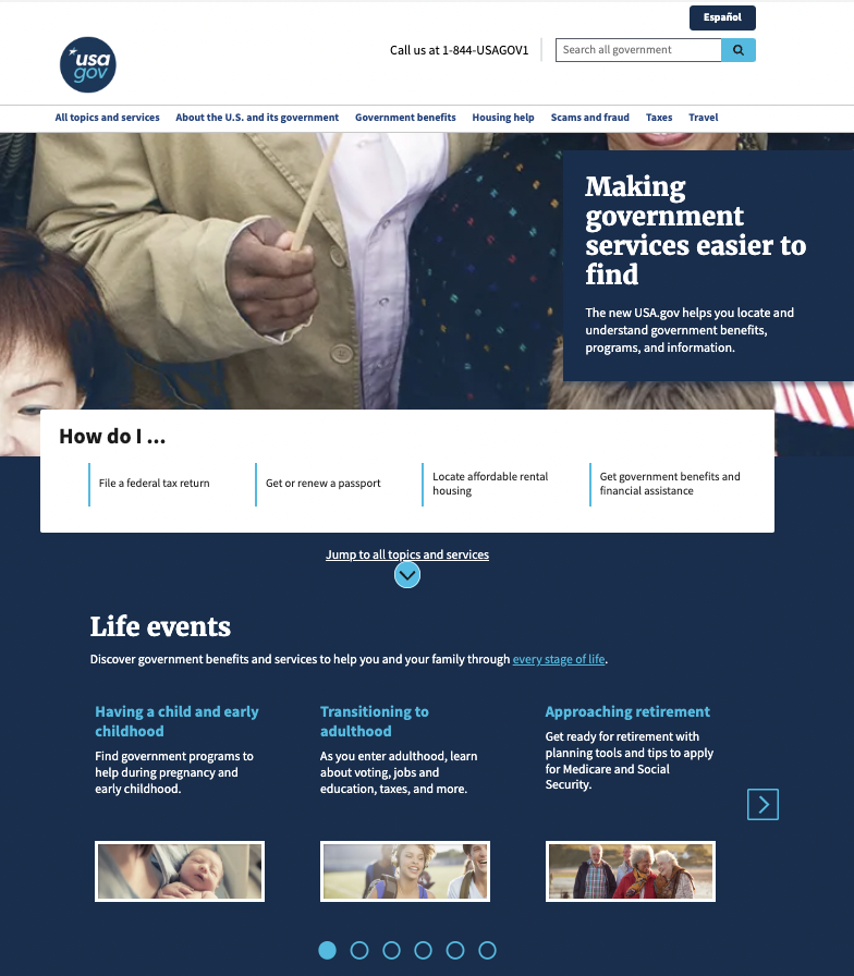 Screenshot of the USA.gov homepage, which uses color, proximity, and similarity to group together like items and guide users' navigation.