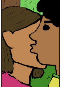 Panel 7 from the tira cómica at the beginning of the chapter: Carlos gives Ana a kiss on the cheek in greeting.