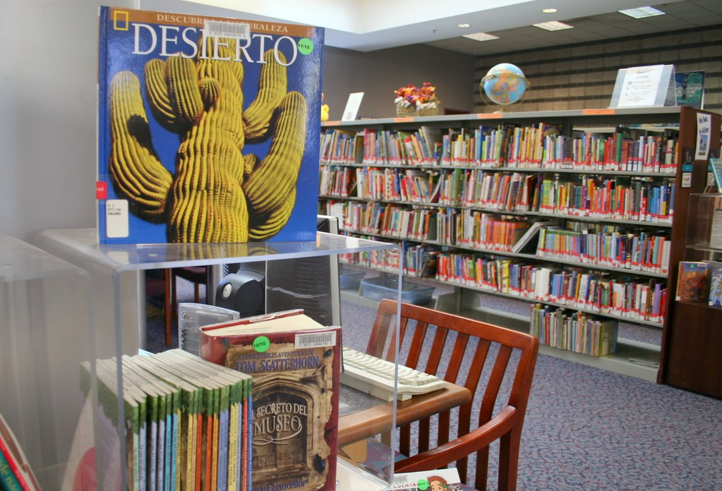 Photo of the inside of a library, with books in Spanish displayed