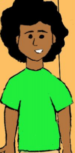 A portrait of Carlos from the comic strips, wearing a bright green t-shirt. 