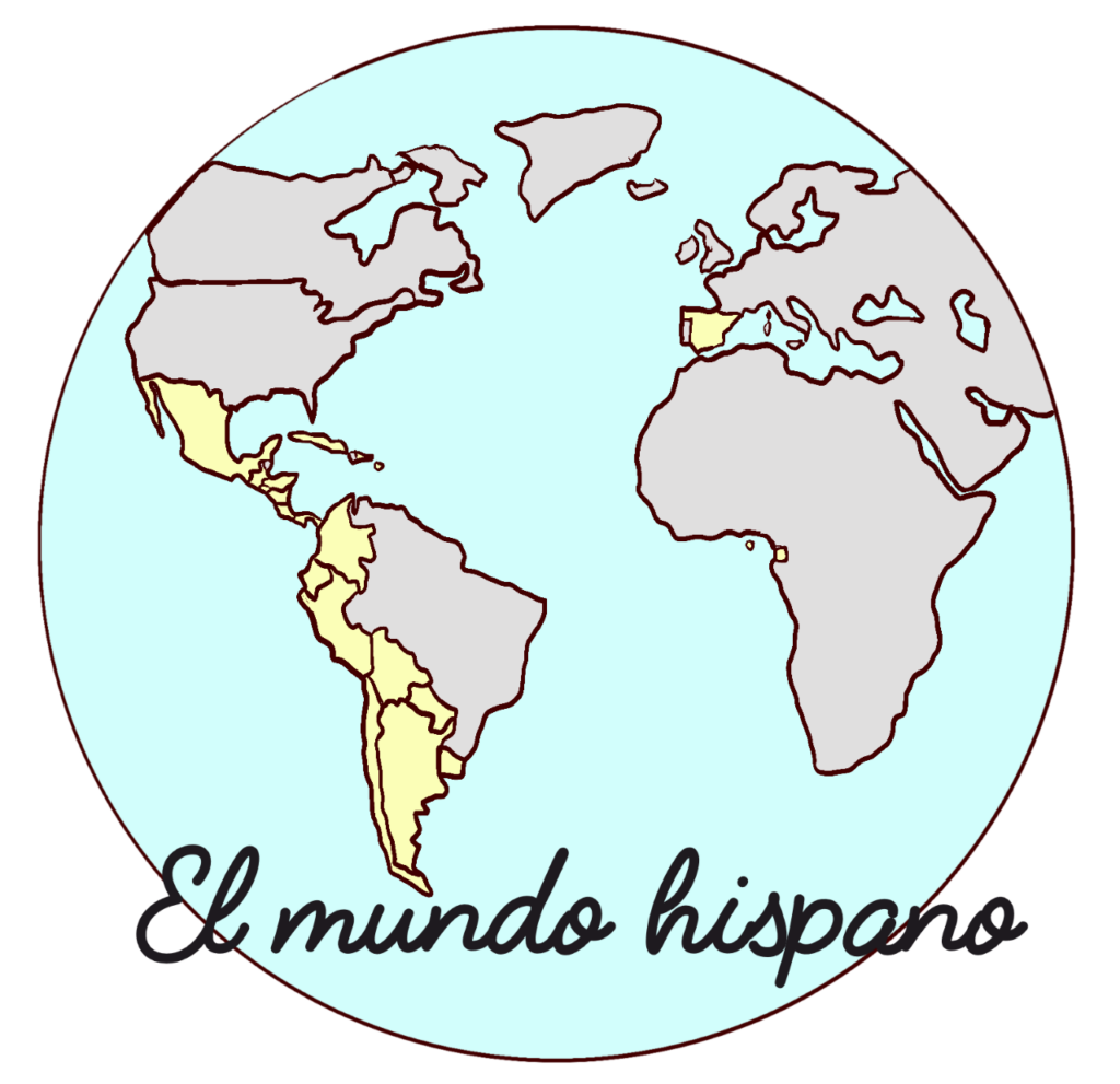 A drawing of a globe, with Spanish-speaking countries highlighted