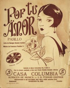 An old advertisement, with a drawing of a woman and the words "Por tu amor"