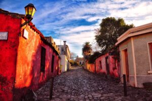A cobbled street at sunset