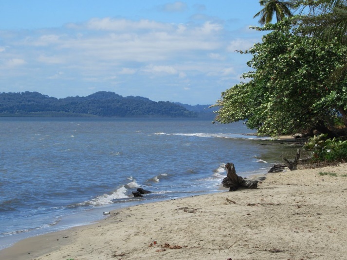 A sandy beach with hills in the distance