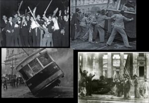 A compilation of four black-and-white photos of riots
