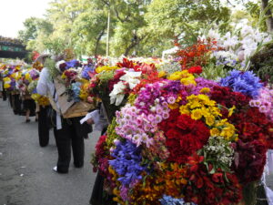 A parade of people carry bushels of flowers