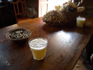 Drinks and corn on the table