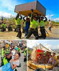 Images from top, left and right: Colombian National Police assisting refugees with their belongings. An elderly Colombian refugee being carried by a Colombian National Police officer. Colombian refugees in a makeshift shelter seeking shade.