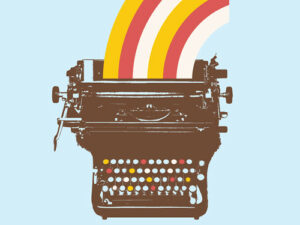 A typewriter graphic, with a rainbow coming out of the top