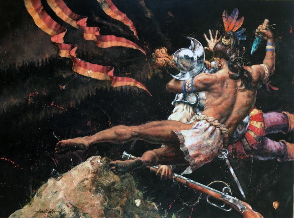 A painting of an indigenous man fighting a conquistador