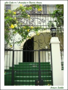 A photo of a locked gate in front of a set of green front steps