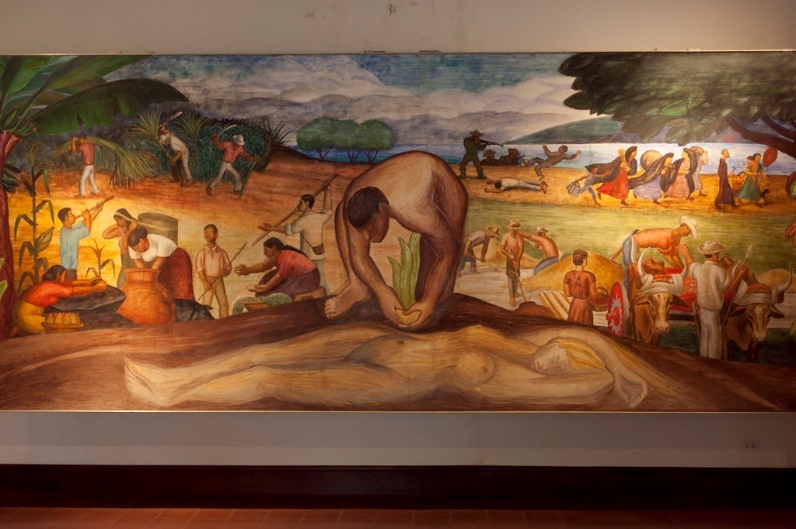 A painting with workers harvesting crops and fleeing soldiers in the background, with a man leaning over beside a nude woman in the foreground.