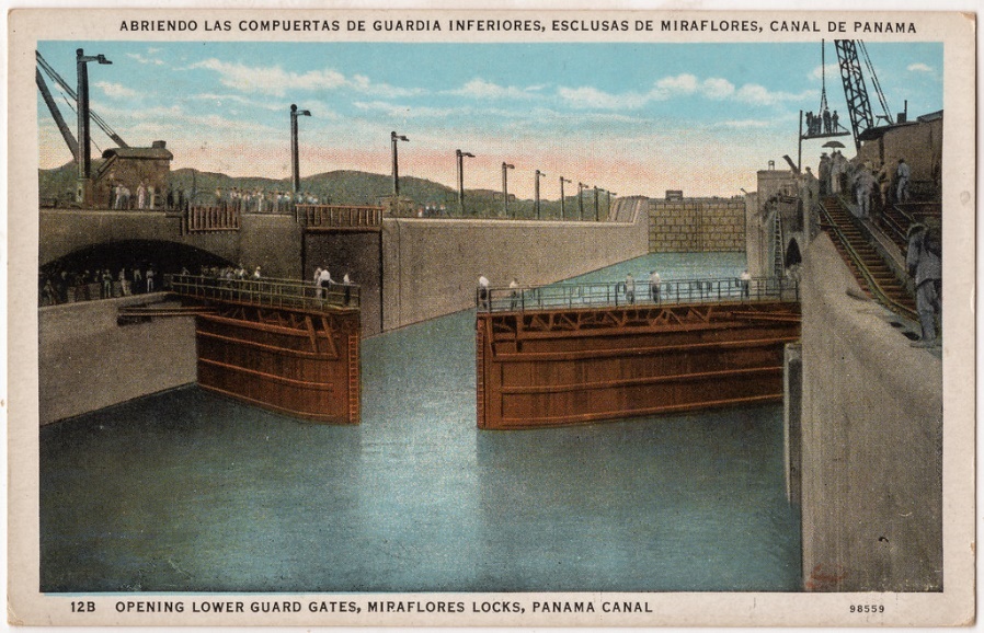 An old colorized image of the Miraflores Lock of the Panama Canal.