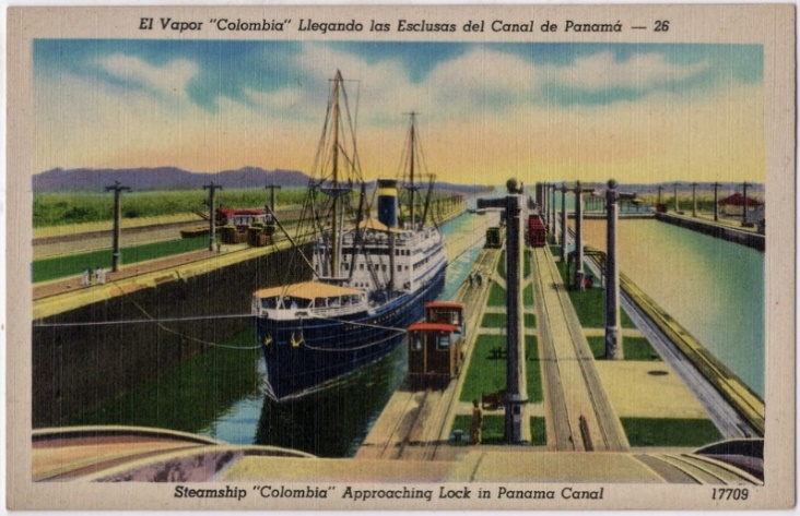 An old colored drawing of a steamship in the Panama Canal