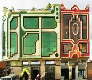 A building with distinctive green windows
