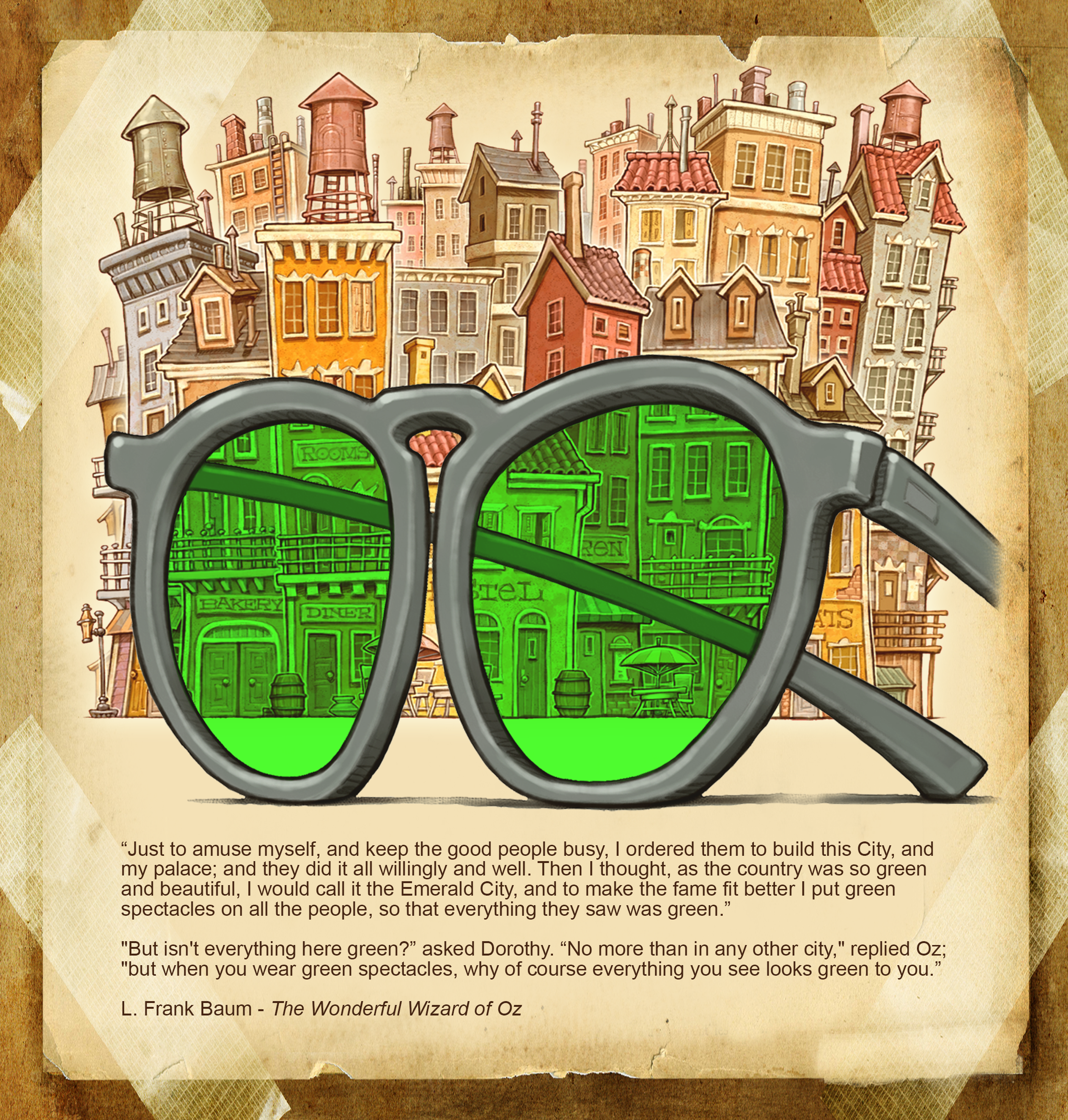 A large pair of glasses with green lenses sits in front of a group of buildings. Those seen through the glasses all appear green while the others are various shades of earth tones.
