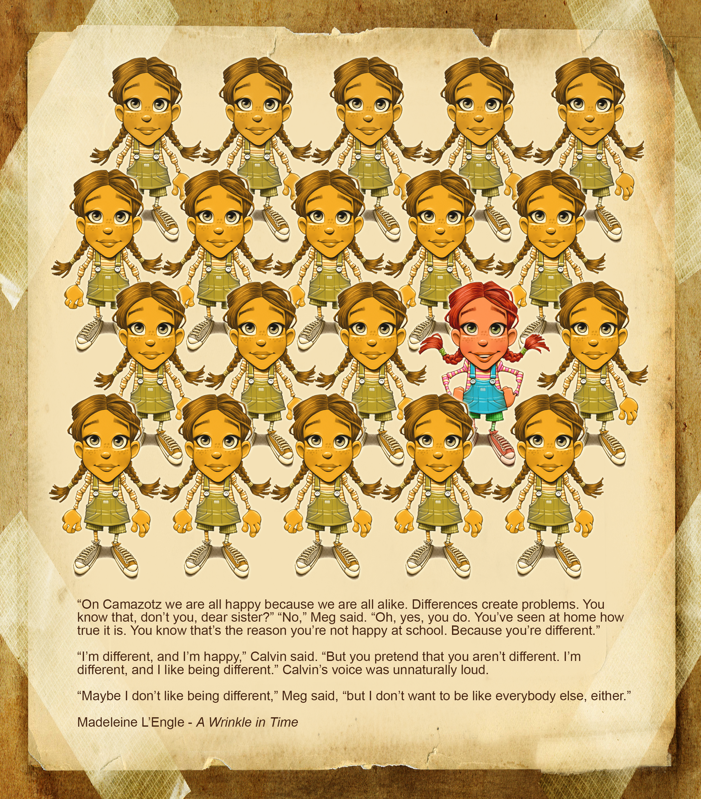 A cartoon of a group of identical girls, but one girl is in bright colors and has her hands on her hips. The others are all dressed identically in the same dull color with their hands by their sides.