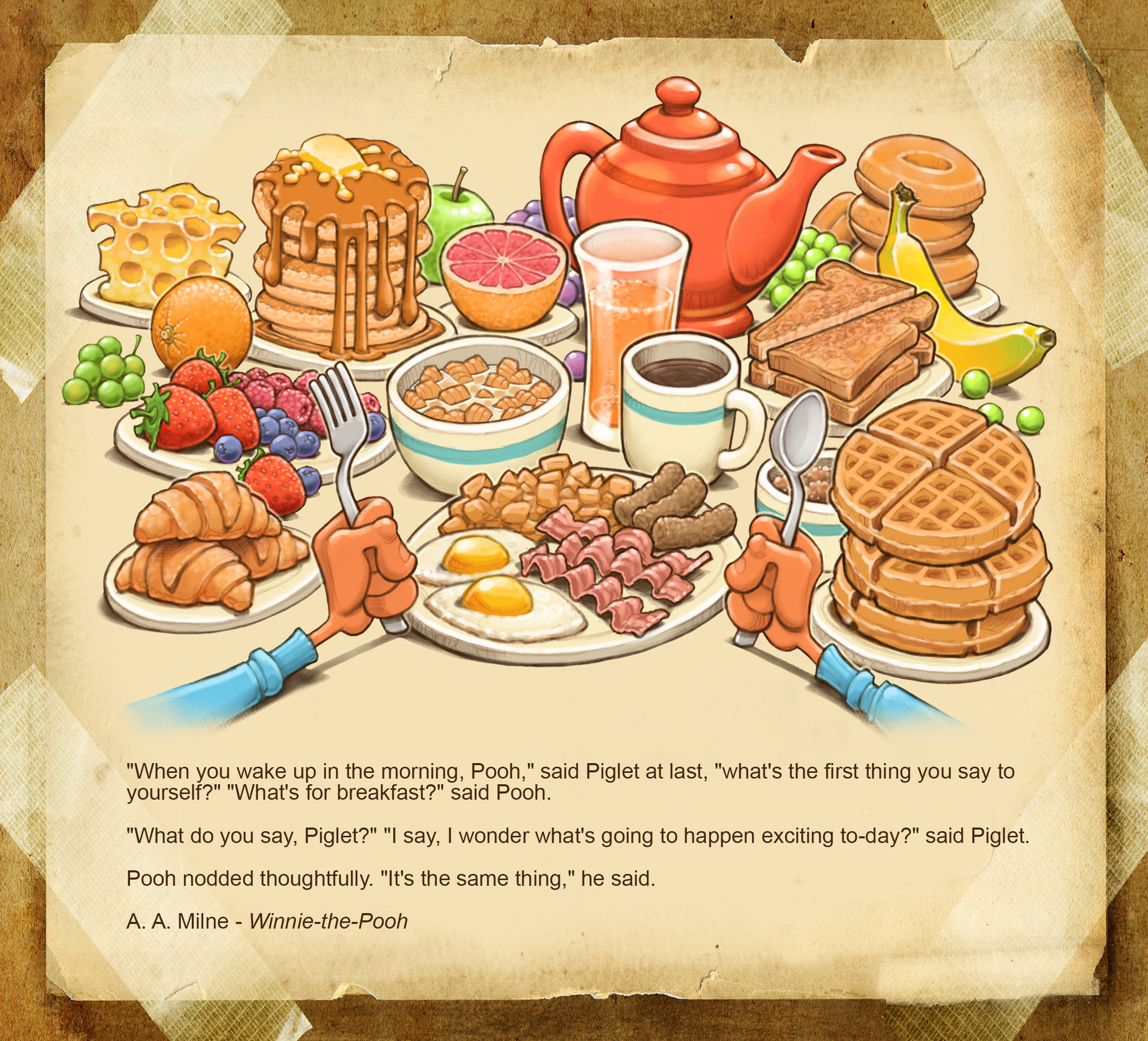 An array of breakfast foods including fruits, pastries, beverages, bacon, eggs, and sausage, with two hands in the foreground gripping a fork and spoon.