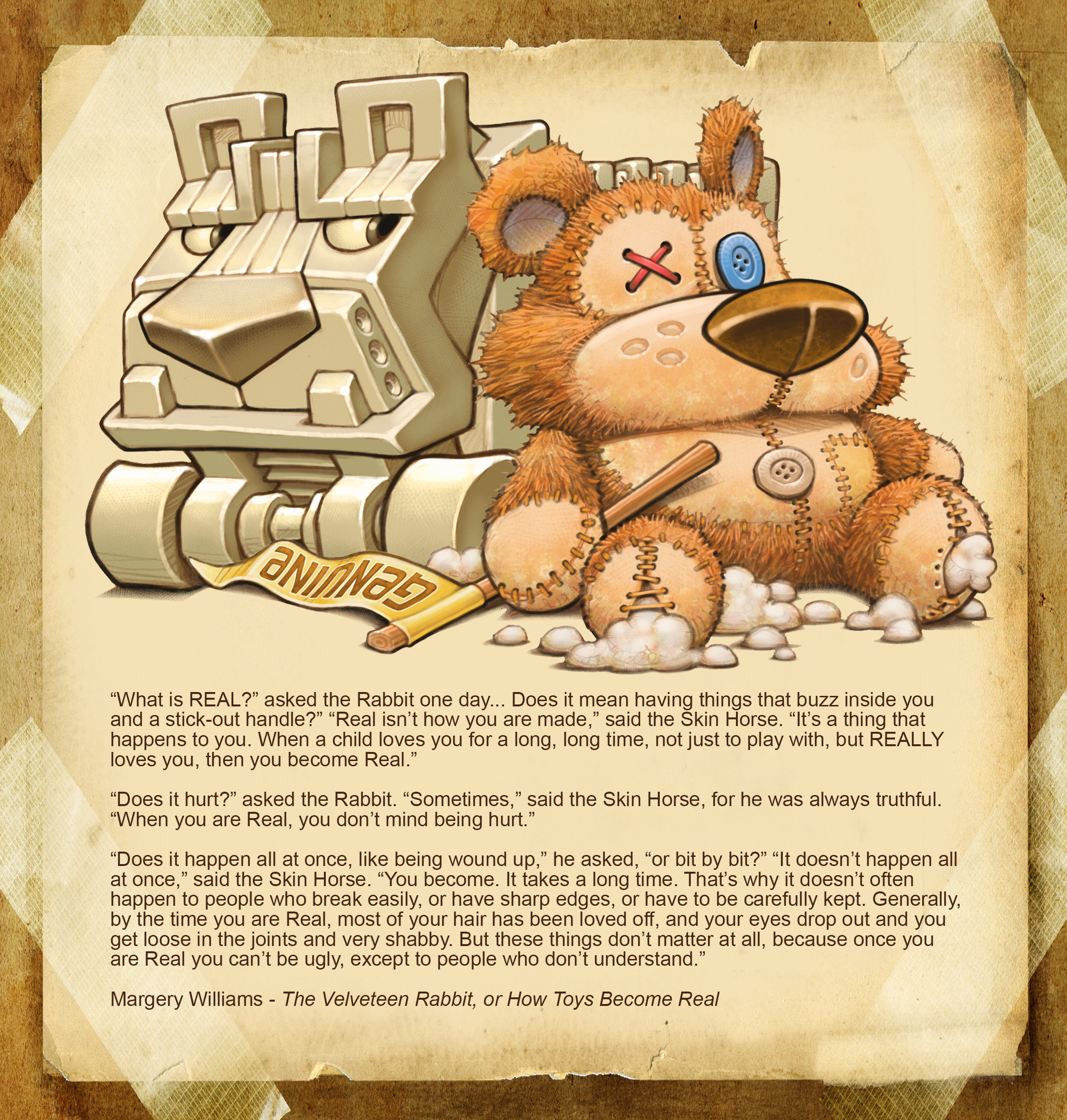 A cartoon of a teddy bear with one button eye and losing its stuffing. He is holding a pennant that says "genuine." Next to him is a metal robotic bear, looking fiercely at the teddy bear.