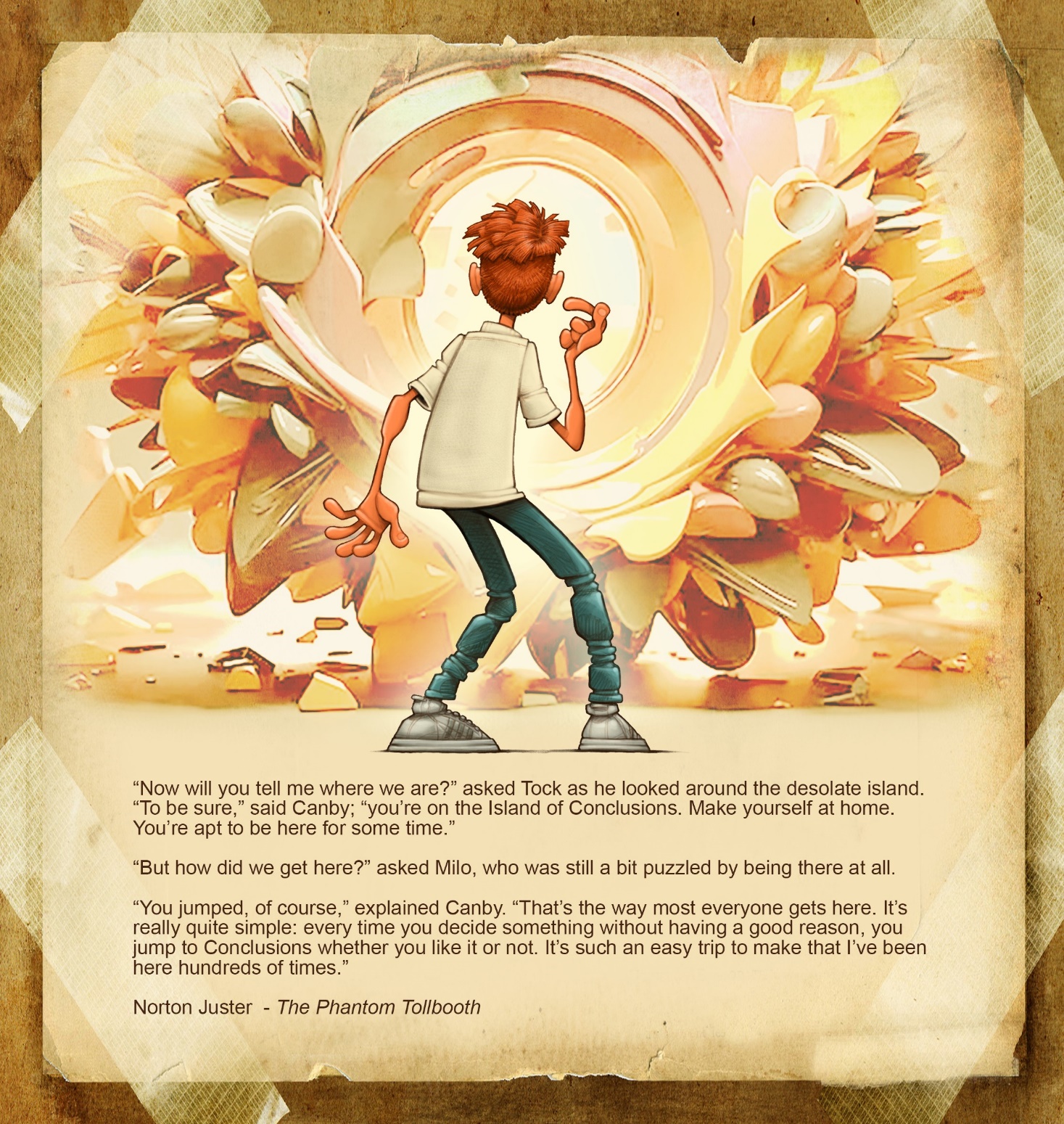 A cartoon of a young man standing in front of a circular opening of a tunnel, surrounded by various shapes representing an explosion or chaos. He is facing the tunnel opening and appears confused.