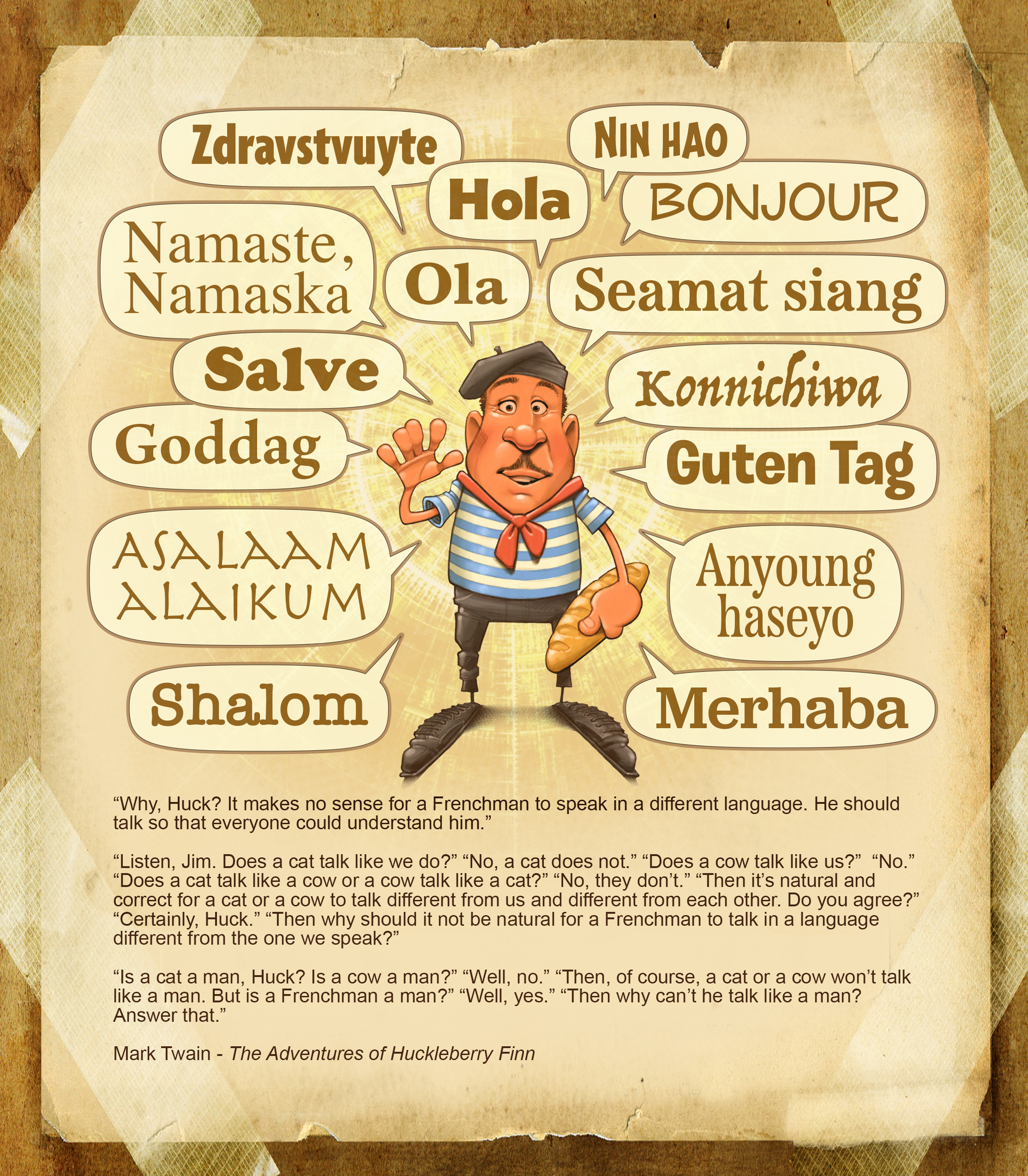 A drawing of a man wearing a beret, waving hello and holding a baguette surrounded by the word "hello" written in fifteen different languages.