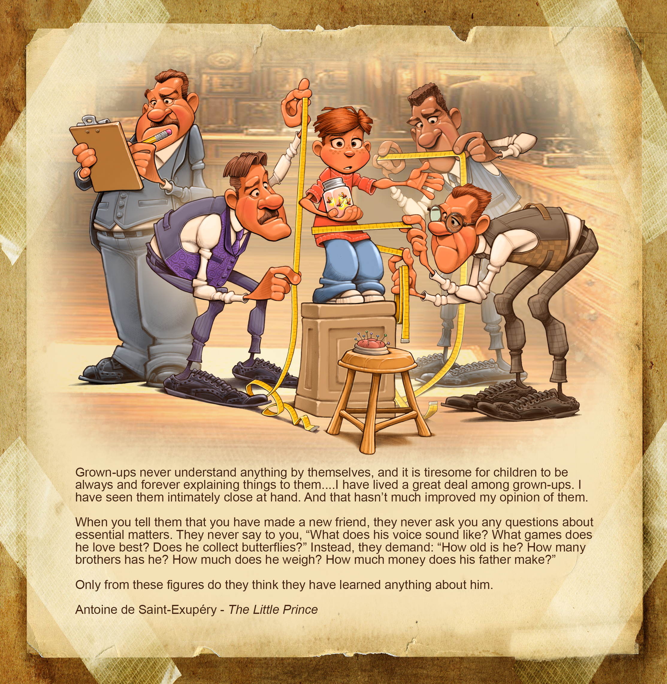 A young boy is standing on a pedestal holding a jar of fireflies while being measured by a group of three men holding tape measures. A fourth man is recording the measurements on a clip board.