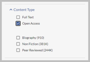 a selection of content types from a search, open access is selected as a filter of results.