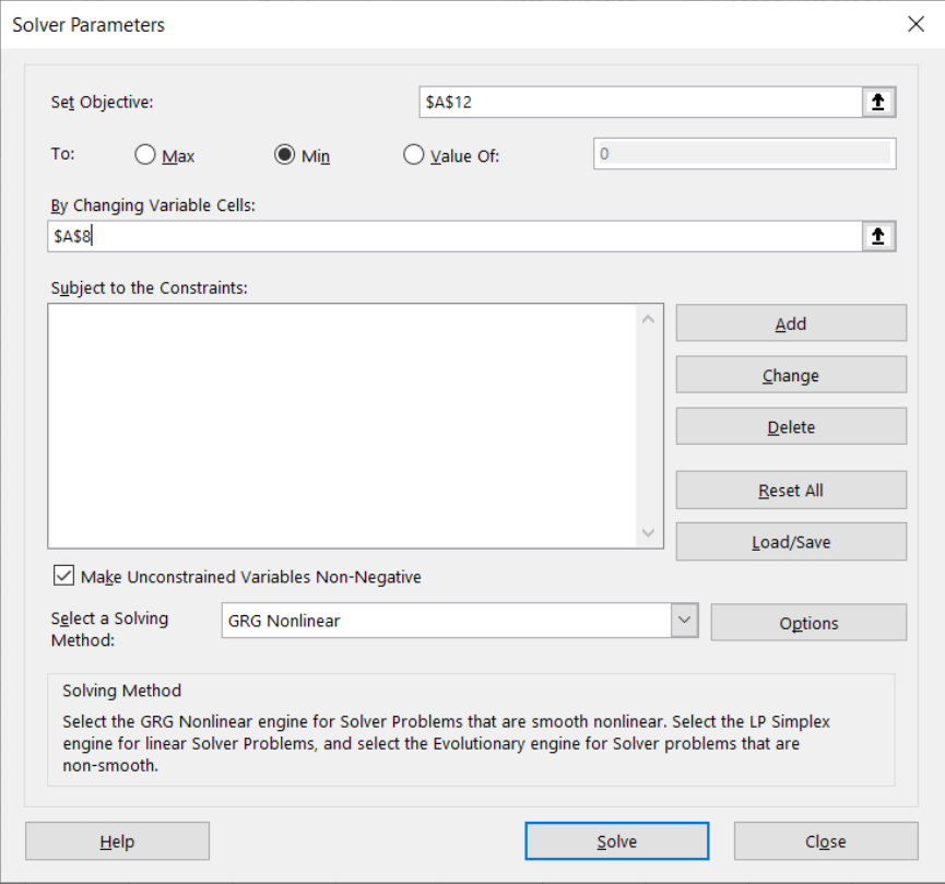 screen-capture of Solver's main user-input form