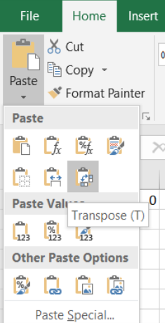 screen-capture showing how to paste transpose in Excel