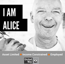 "I am ALICE" header next to a picture of a smiling man. At the bottom reads "Asset Limited - Income Constrained - Employed."
