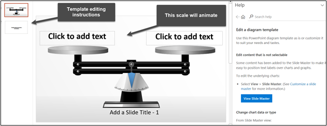 Screenshot of help for an animated slide in Microsoft, showing a scale with two sides to it.