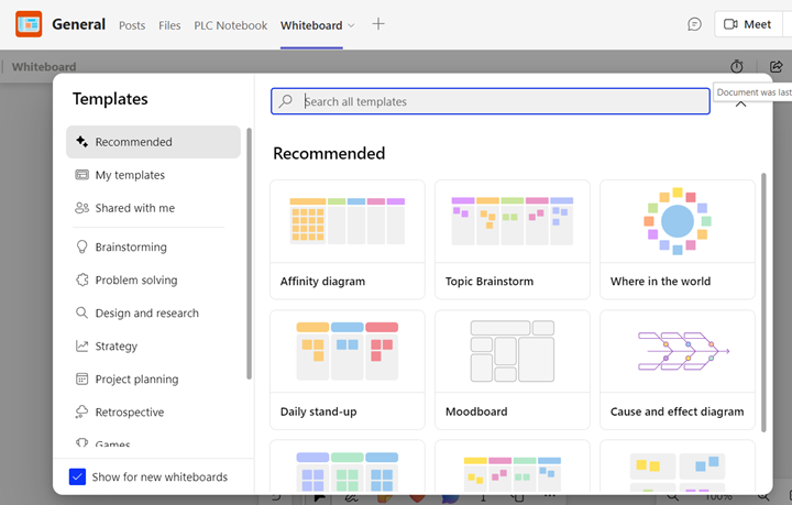 whiteboards available in Teams
