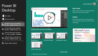 A sreenshot of the opening screen for Power BI Desktop App with lots of introductory videos