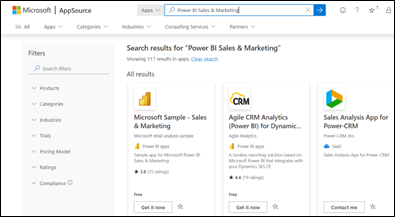 A screenshot of AppSource - samples of sales and marketing