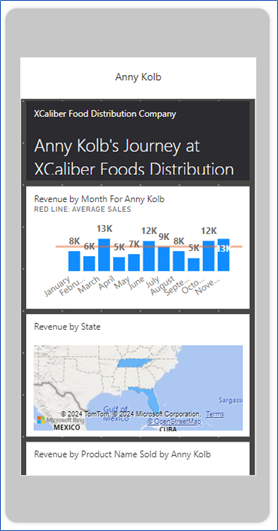 Showing the mobile layout on a phone device for one salesperson dashboard in Power BI Services Online