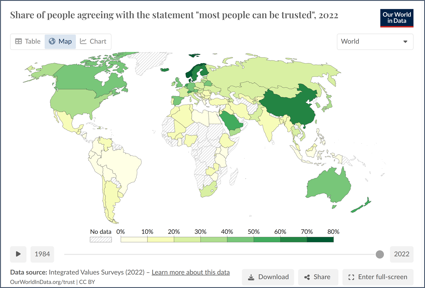A screenshot of a survey showing a world map for most people can be trusted in color tones