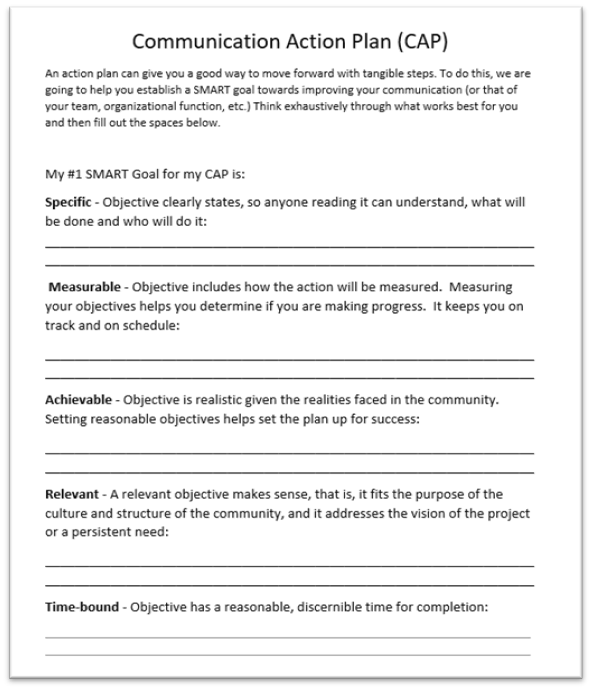 An example of a communication action plan (CAP) that uses SMART goals (specific, measurable, achievable, relevant, and time-bound