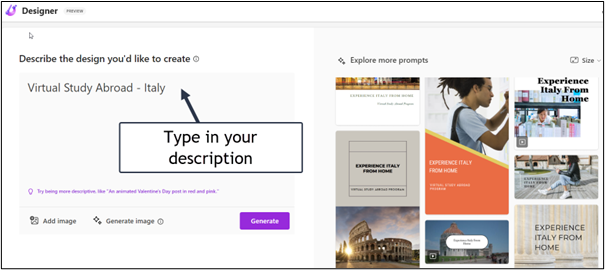 Screenshot of Microsoft's Designer Tool, with a textbox and arrow pointing to where users should "Type in your description"