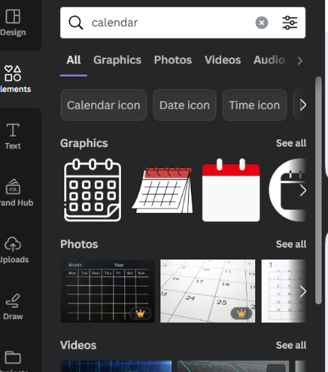 A screenshot of icon results after searching "calendar" in Canva.
