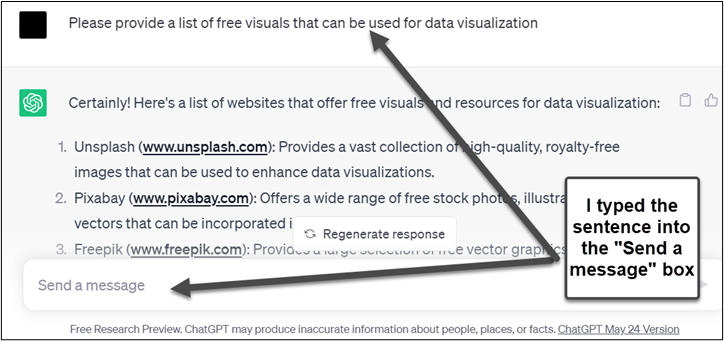 A screenshot of ChatGPT's response to the prompt, "Please provide a list of free visuals that can be used for data visualization.